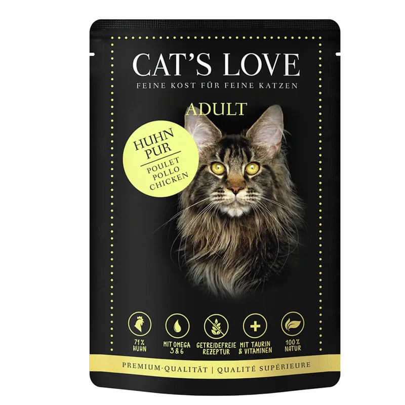 Sparpaket 12 x 85 g Cat's Love Adult Huhn pur mit Leinöl & Brennnessel Katzen Nassfutter Markenware
